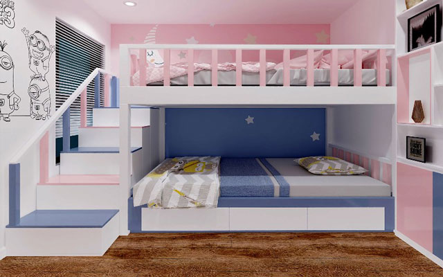 Mẫu giường tầng thông minh màu xanh kết hợp hồng dành cho cả bé trai và bé gái