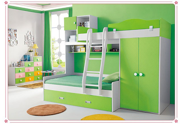 Mẫu giường tầng thông minh màu xanh lá đa ứng dụng