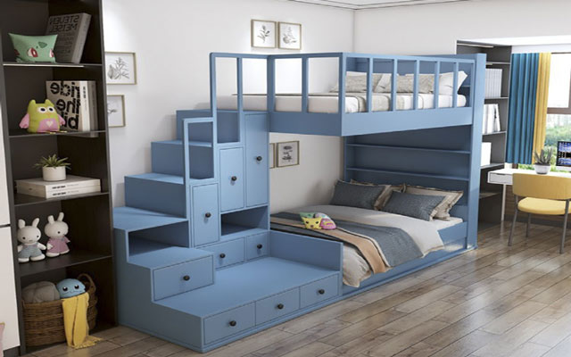 Mẫu giường tầng thông minh màu xanh tích hợp hộc tủ và ngăn kéo