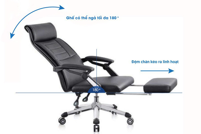 Sản phẩm ghế ngả lưng văn phòng có thể ngả tối đa 180°, có đệm chân thu gọn tiện lợi 