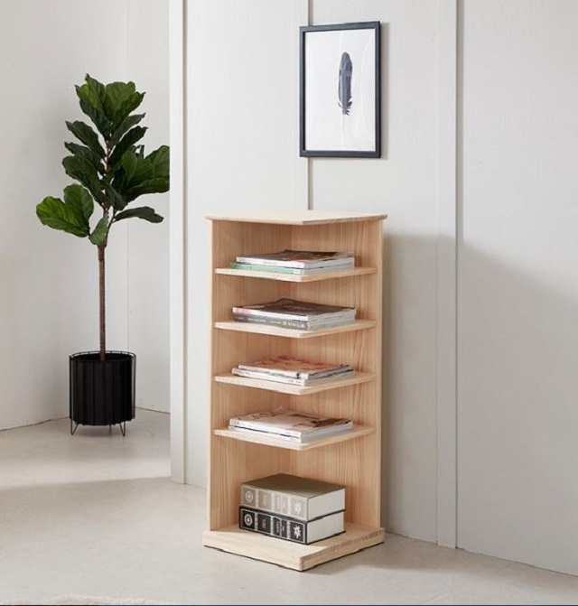 Wooden corner shelf with rustic material, simple design