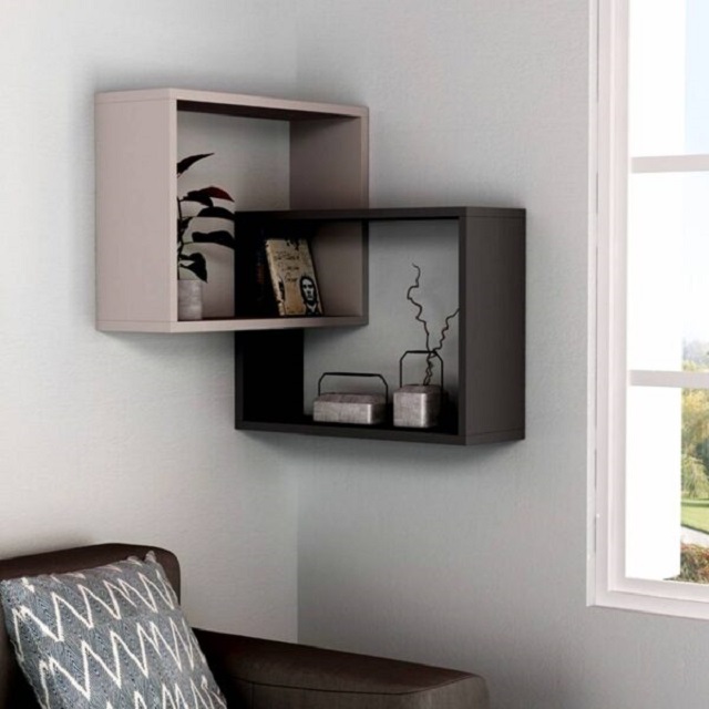 Decorative wall shelves make the living room lively