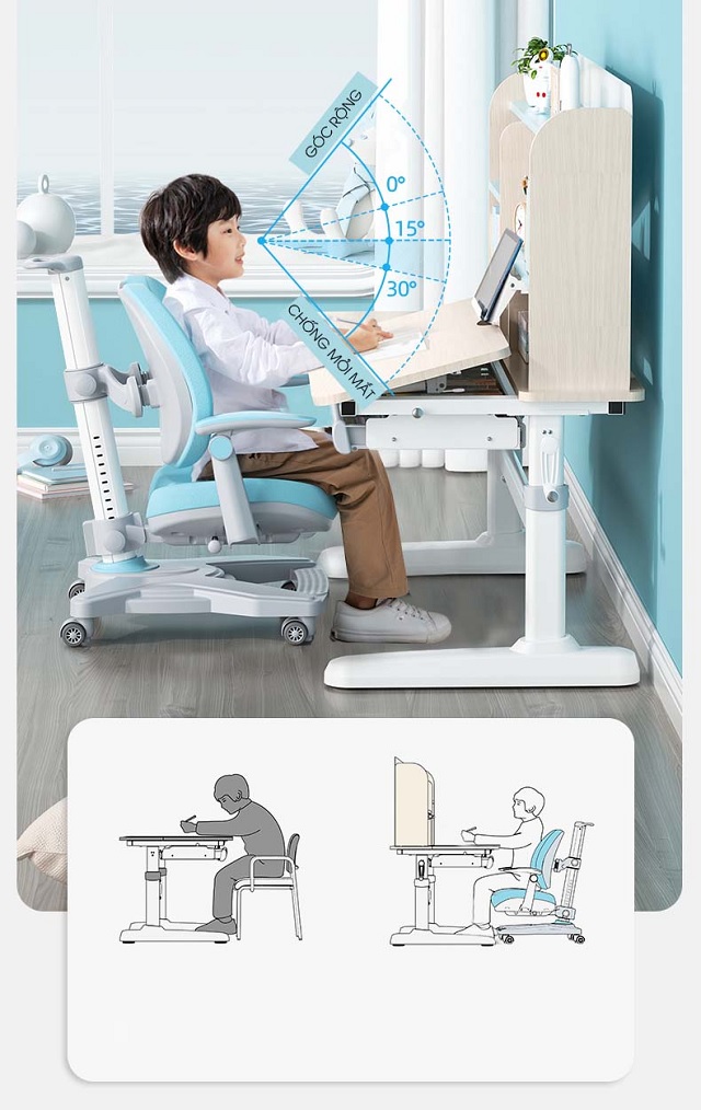 Bàn ghế chống gù lưng giúp trẻ ngồi học đúng tư thế, không bị cong vẹo cột sống