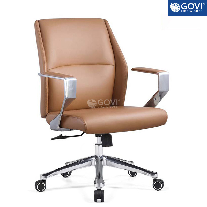 Ghế xoay lưng trung màu cam bằng da